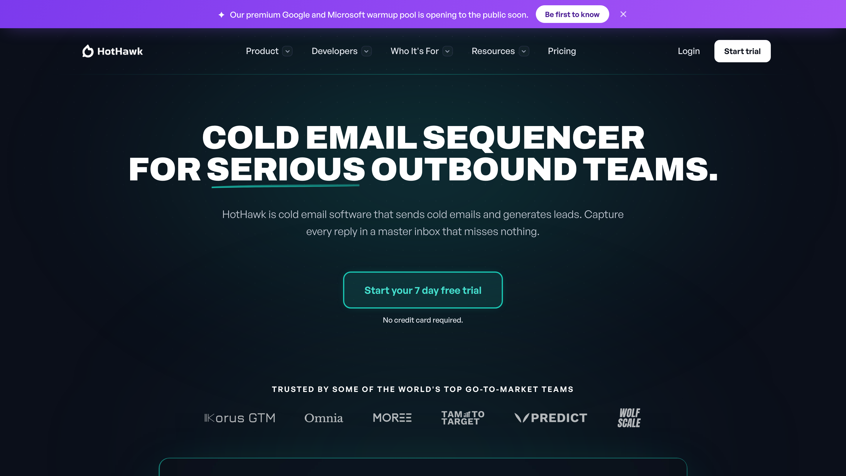 The HotHawk homepage, showing its cold email and reply management product
