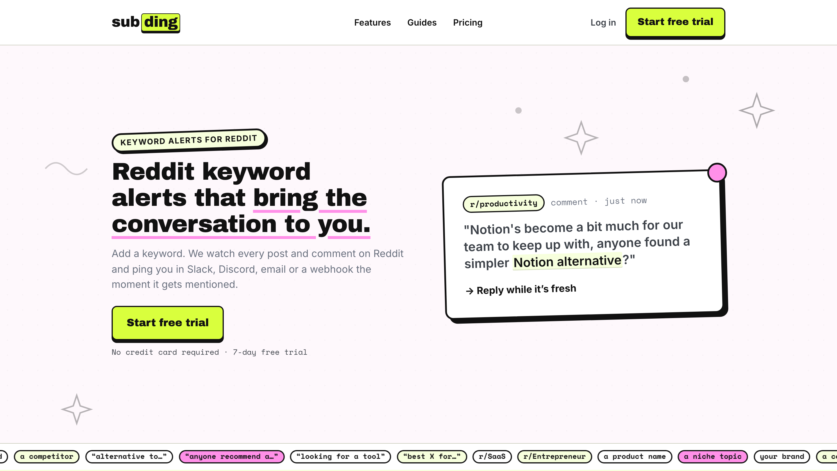 The Subding homepage, showing its Reddit keyword alerting product